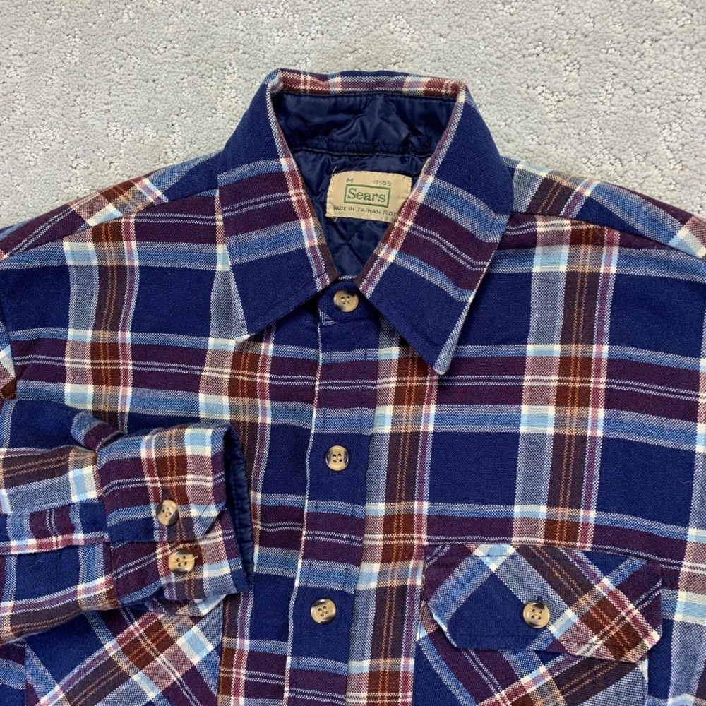VINTAGE Sears Shirt Jacket Mens Medium Plaid Flannel Shacket Quilt Lined Work